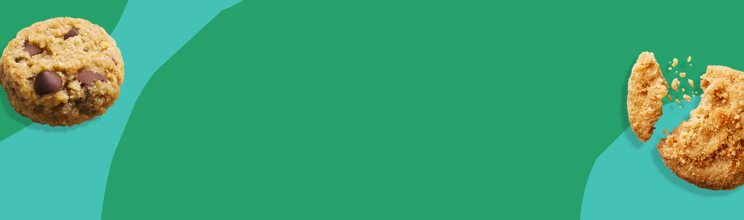 MadeGood Crunchy Cookies in chocolate chip and a snickerdoodle flavours on a green and teal abstract background background