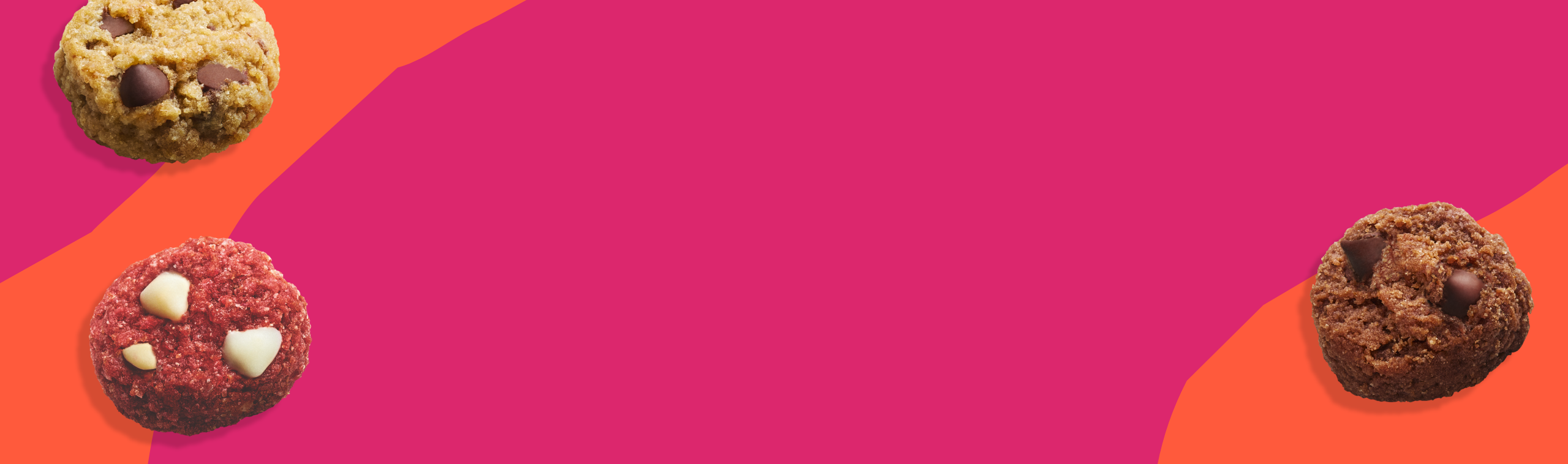 Three MadeGood Soft Baked cookies (in chocolate chip, double chocolate and red velvet flavors) floating on an abstract pink and orange background.