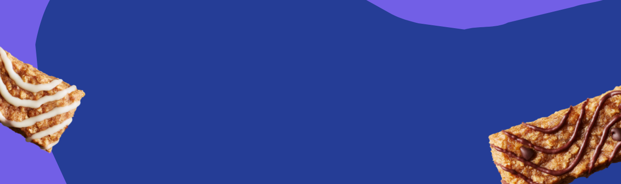 Two MadeGood Morning Bars (in Cinnamon Bun and Chocolate Chip flavors) on an abstract blue background.