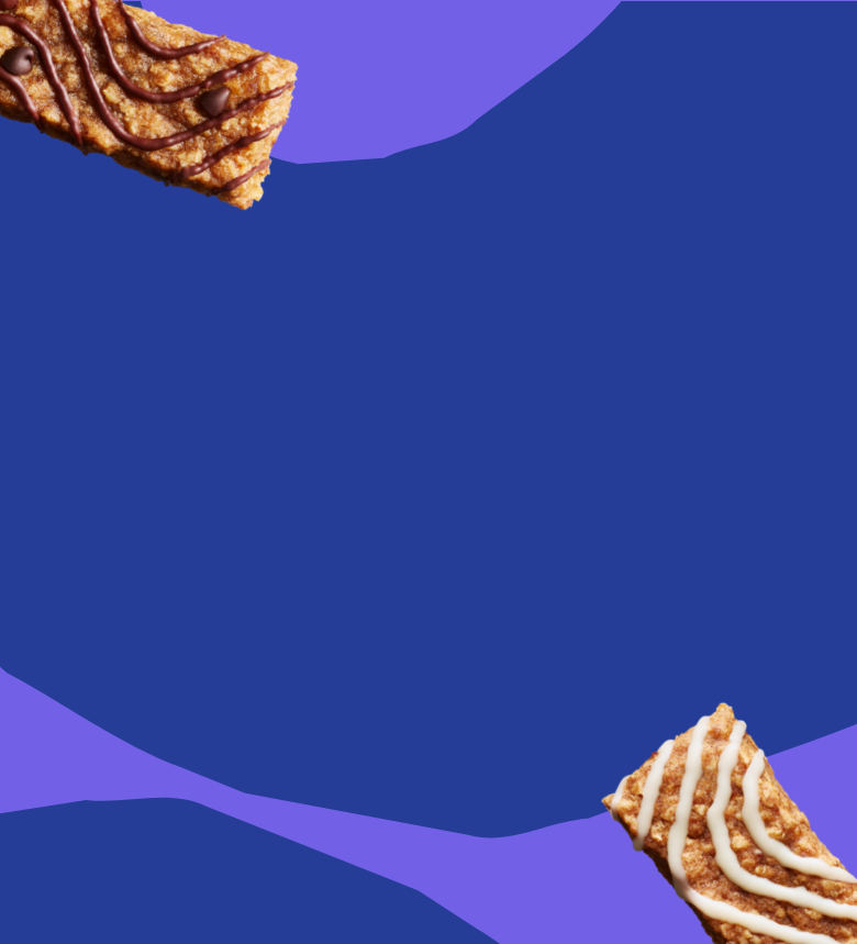 Two MadeGood Morning Bars (in Cinnamon Bun and Chocolate Chip flavors) on an abstract blue background.